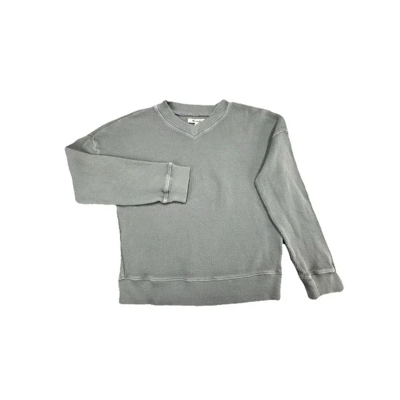 Madewell Waffle Knit Boxy Sweatshirt Tee V Neck Shirt Cozy Green Size XS - Picture 1 of 7